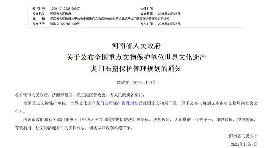 《龙门石窟保护管理规划》公布实施